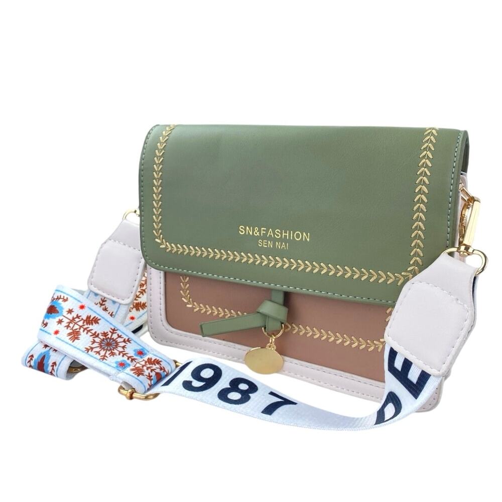 SN & Fashion Women's Green Wide Strap Fashion Flap Purse Crossbody Shoulder Bag